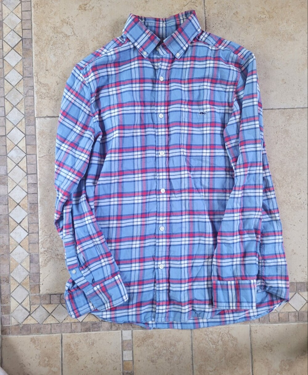 Vineyard Vines Men's Button-Down Plaid Shirt - Light Blue & Red